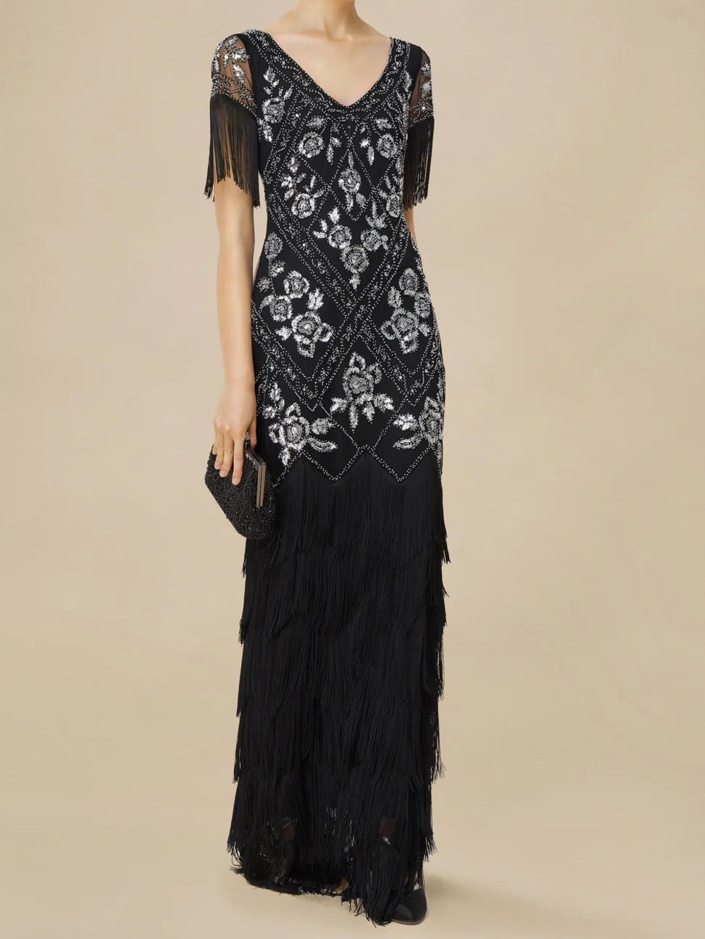 Babeyond Black Beaded Fringe Flapper-Inspired Evening Gown Size L